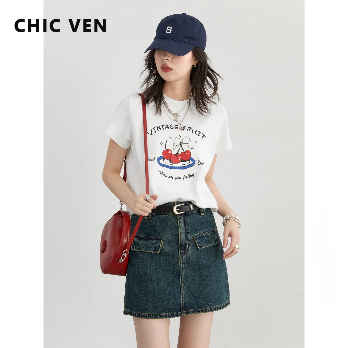 CHIC VEN Women T-Shirts Loose Korean O Neck Letter Printed Female Tees Front Shoulder Short Sleeved Woman Top Autumn 2024