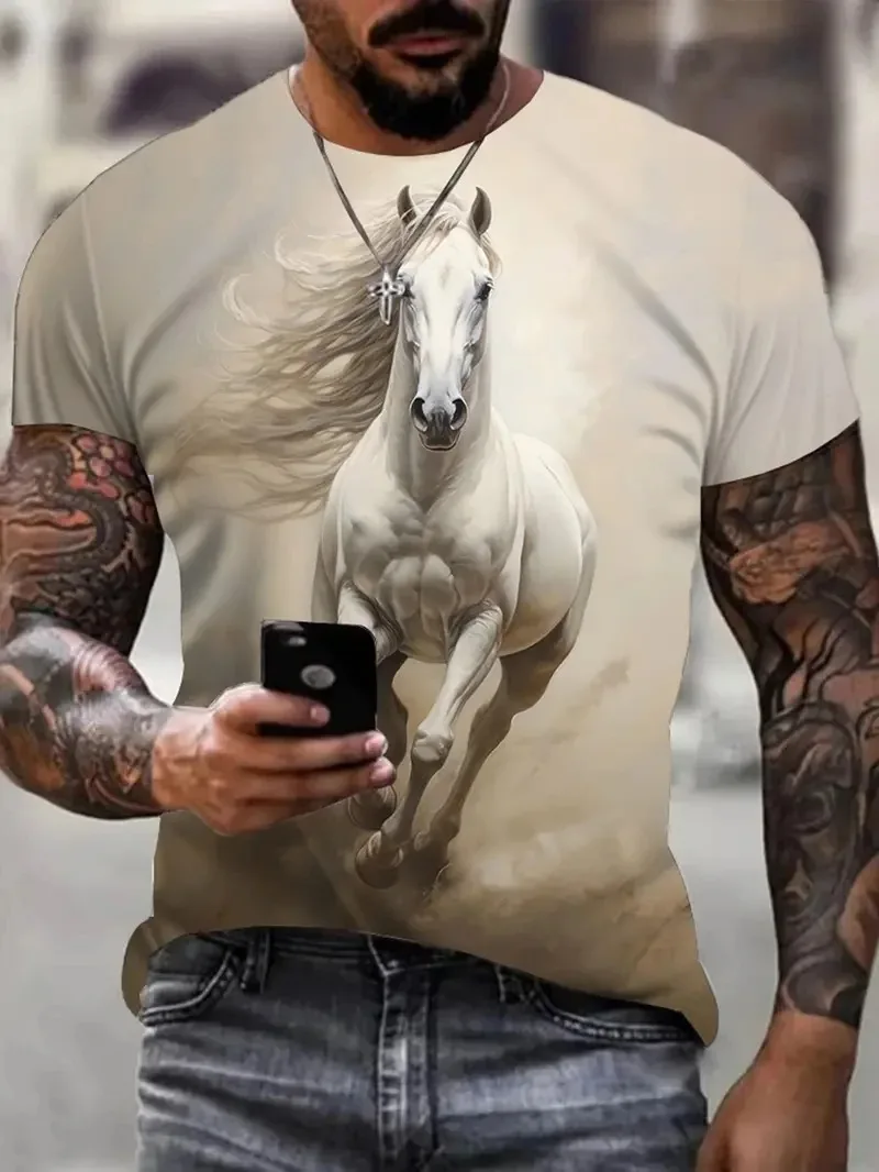 Summer Horse Print Men\'s Graphic Design O-Neck Men\'s T-shirt Short-sleeve Tees Loose Daily Men Clothing Casual Streetwear