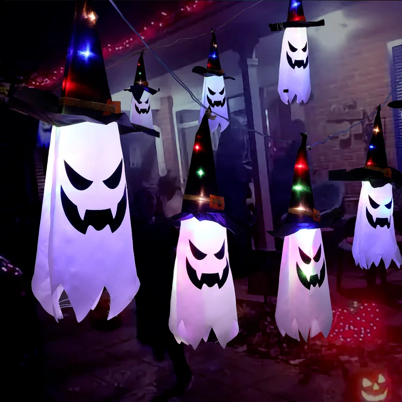 Luz LED intermitente para Halloween, lámpara colgante de fantasma, sombrero de mago brillante, accesorios de terror, decoración de Bar y hogar