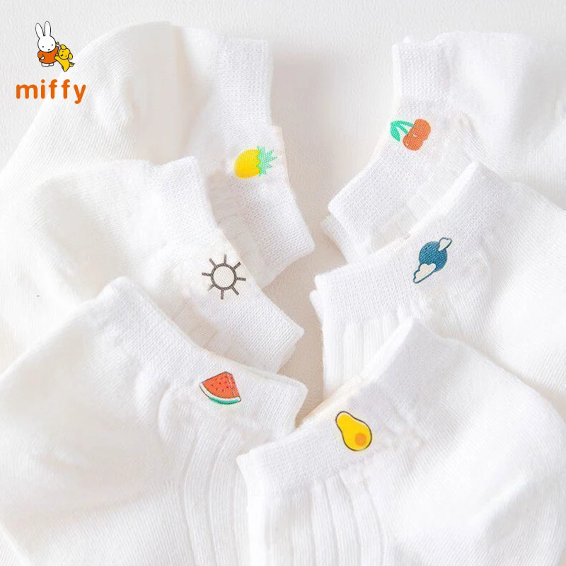 6 쌍 Miffy 양말 만화 과일 시리즈 흰색 면화 발목 양말 학생 피부에 편안한 애니메이션 액세서리 선물