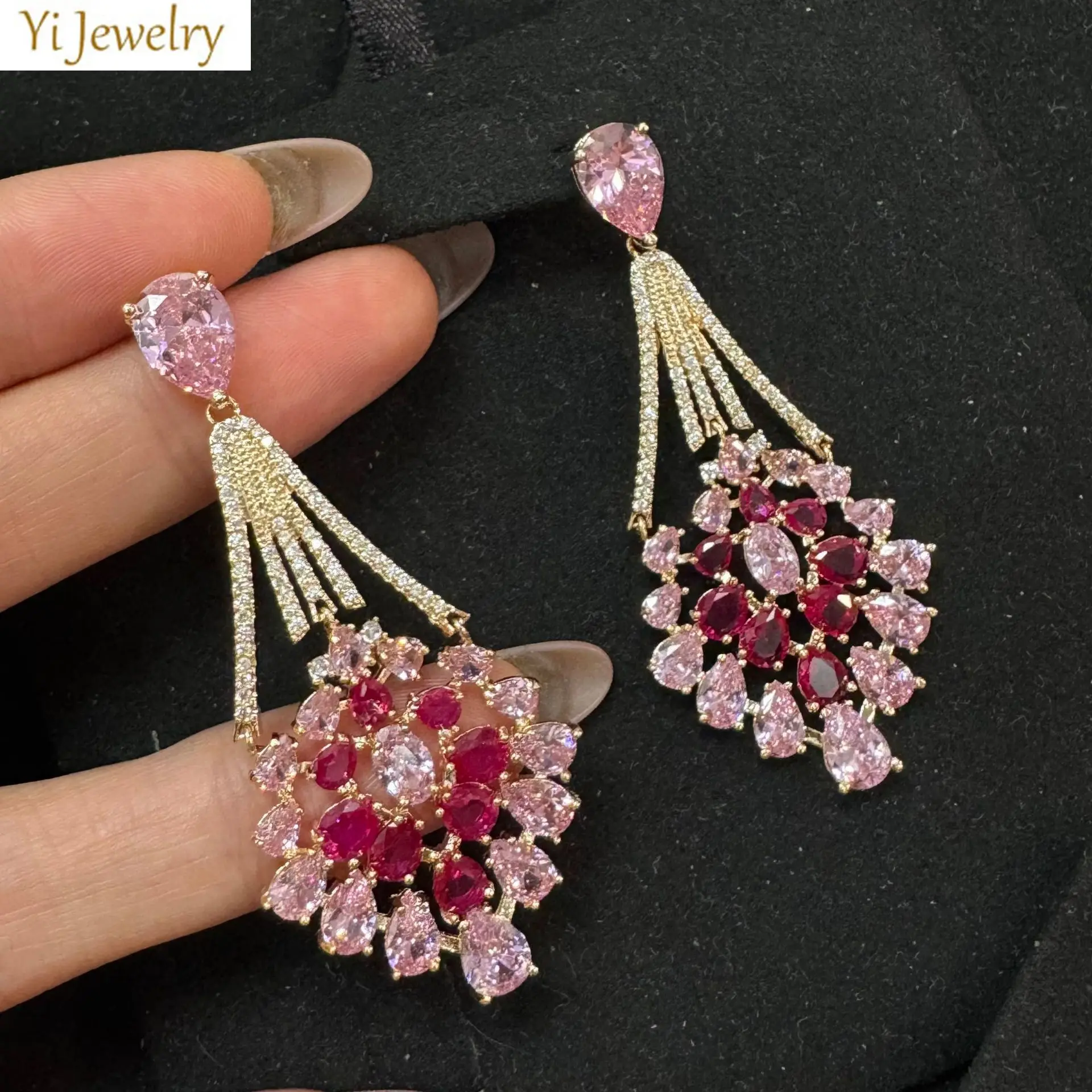 

luxury jewelry earrings for women shiny zirconia pink fushia dangling earrings dinner party anniversary gift female