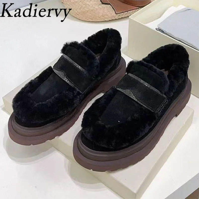 

Winter Flat Loafers Woman Cow Suede String Bead Round Toe Walk Shoes Female Casual Comfort Thick Sole Wool Warm Shoes For Women