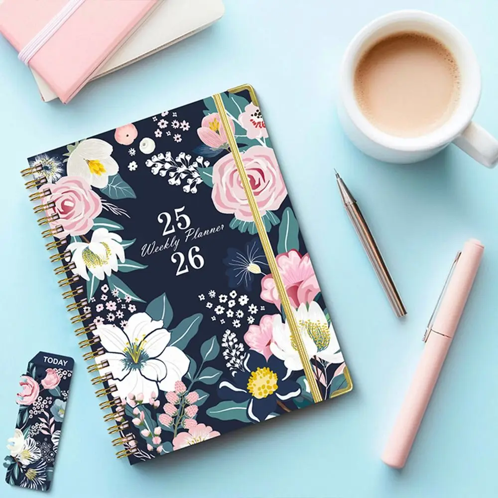 12 Months A5 Agenda Book To Do List Colorful Flower Pattern English Notebook Portable Taking Notes Binder Coil Notebook Business