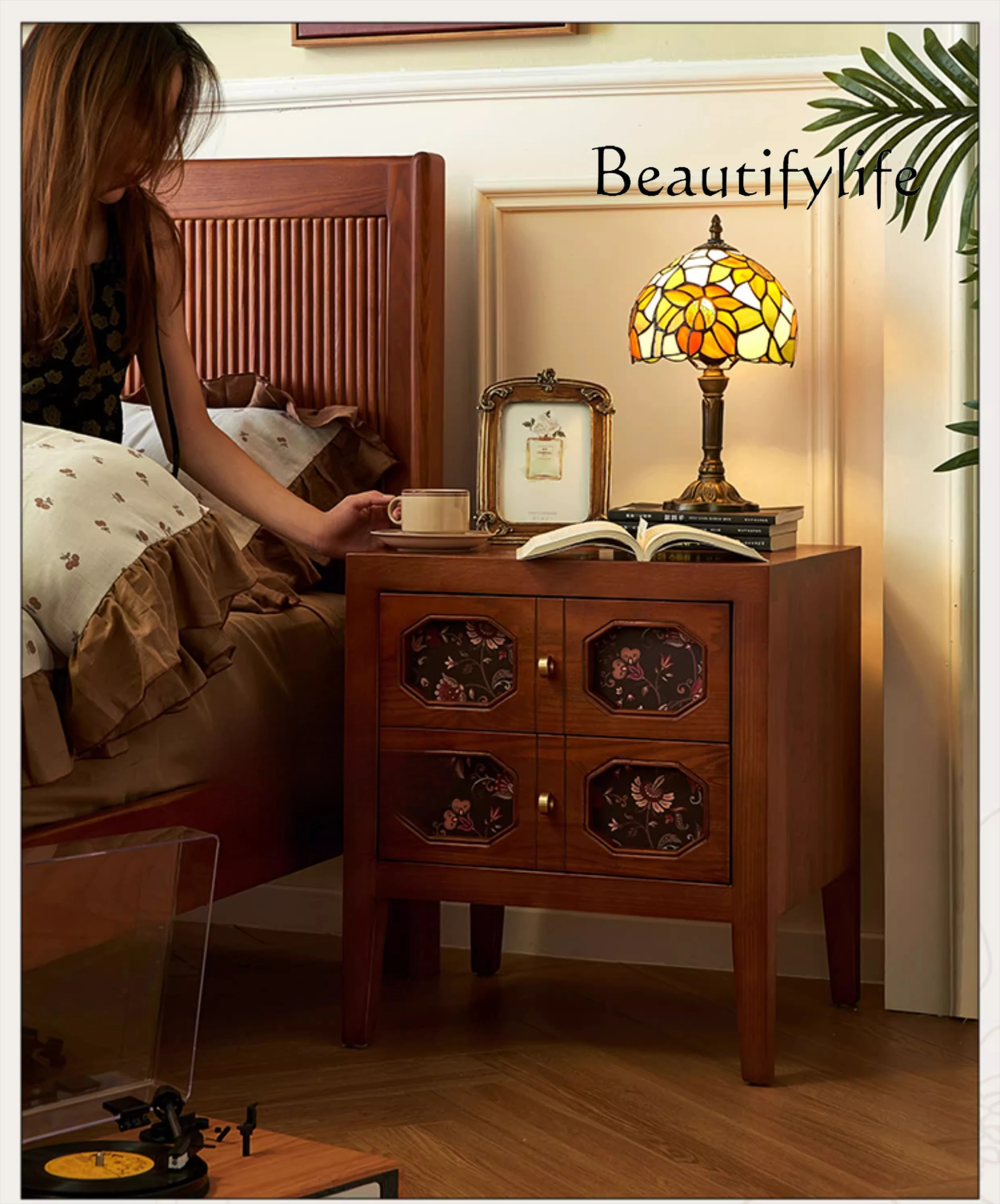 

French retro all solid wood bedside table modern simple bedroom home creative medieval edge cabinet designer