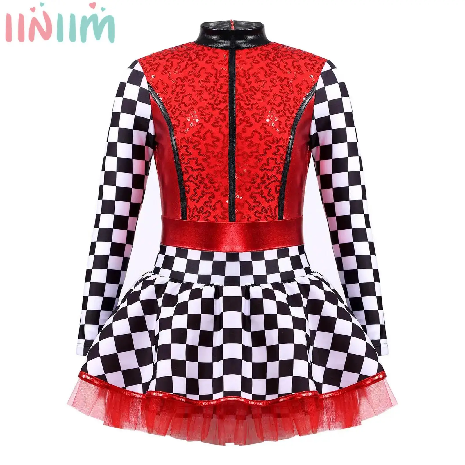 Kids Girls Racer Racing Driver Costume Checkerboard Halloween Dance Showing Long Sleeve Sequin Jumpsuit Cosplay Party Dress Up