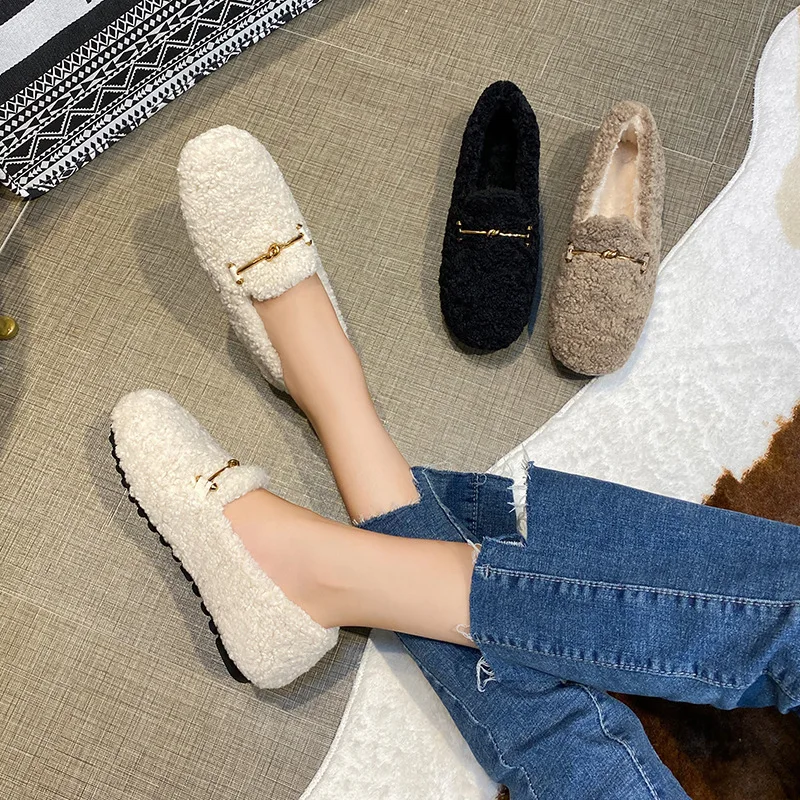 

Winter Warm Plush Mules Women One Band Fur Slippers Cozy Cotton Shoes Woman Flats Cover Toe Fleeces Slides Femme Wool Pantuflas