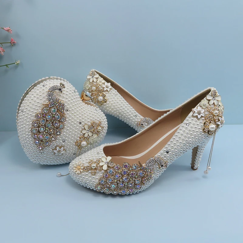 Bao Ya Fang White Fashion Bridal wedding shoes and Bag Woman Round Toe Female Party Shoes Shallow Fashion High Pumps