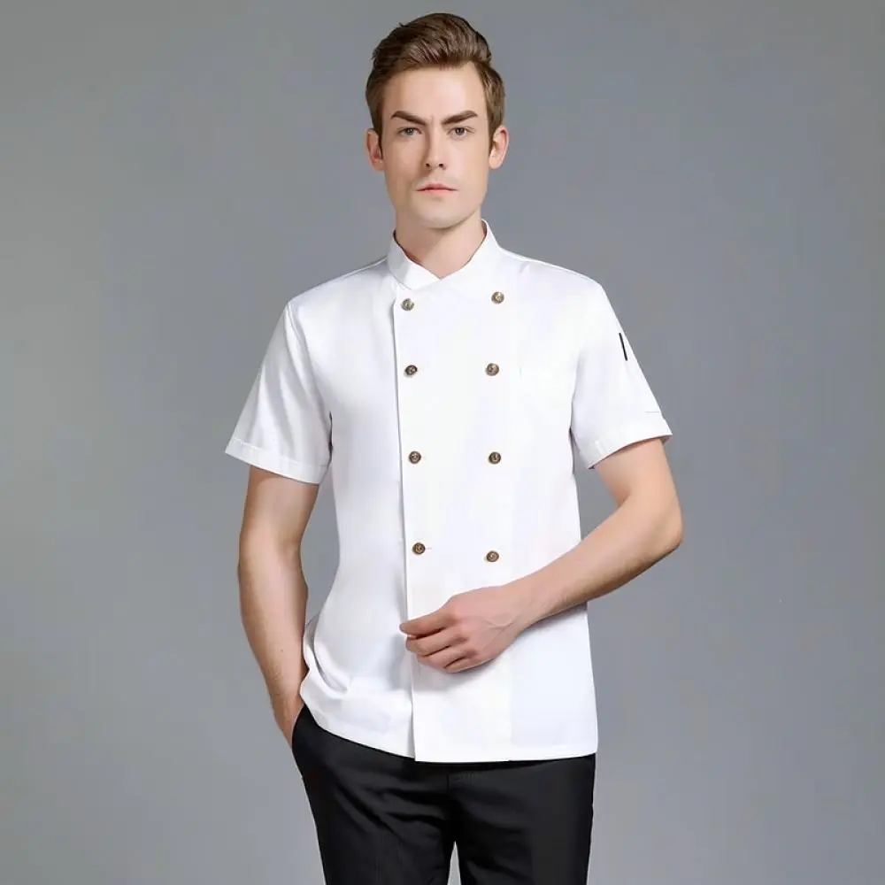 Summer Mens Chef Uniform Breathable Cotton Kitchen Cooking Jacket Elastic Catering Restaurant Work Wear Soft Top Shirt