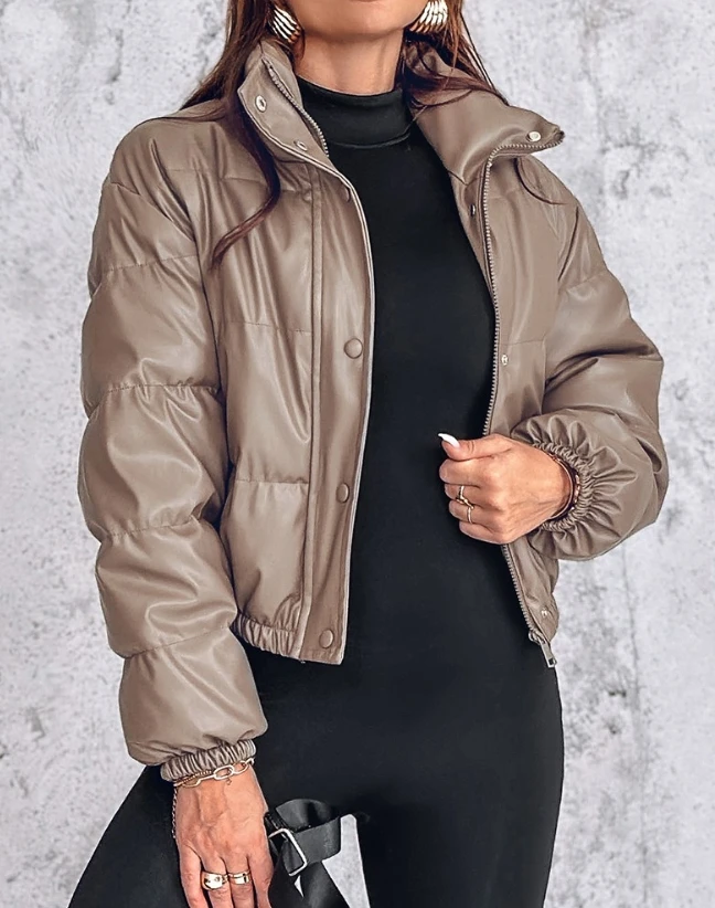 Chaqueta de Invierno para mujer, abrigo básico informal de cuero Pu con cuello levantado, cremallera a presión, a prueba de viento, cálido, 2024