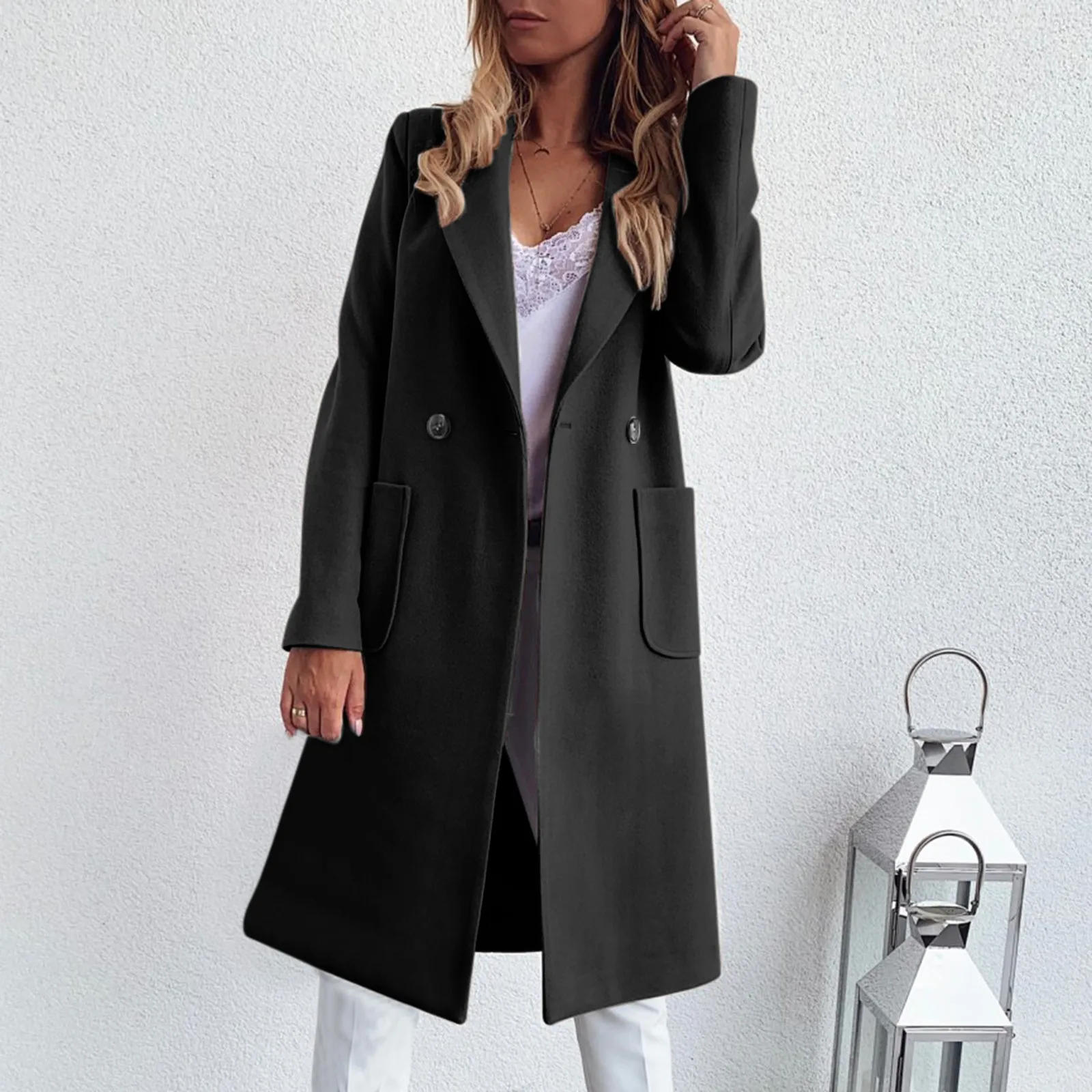 2024 Autumn High-end Long Candy Colored Woolen Coat With Lapel Pocket And Hepburn Style shoulder Off White Coat пальто женское