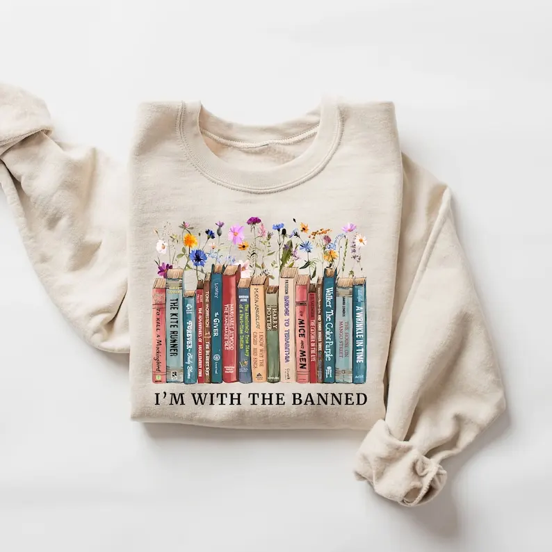 سويت شيرت I'm with The Banned Books، هدية لمحبي القراءة لمحبي المكتبة، سترة مدرس القراءة، سترة بغطاء للرأس على شكل كتاب زهري، رجل وامرأة