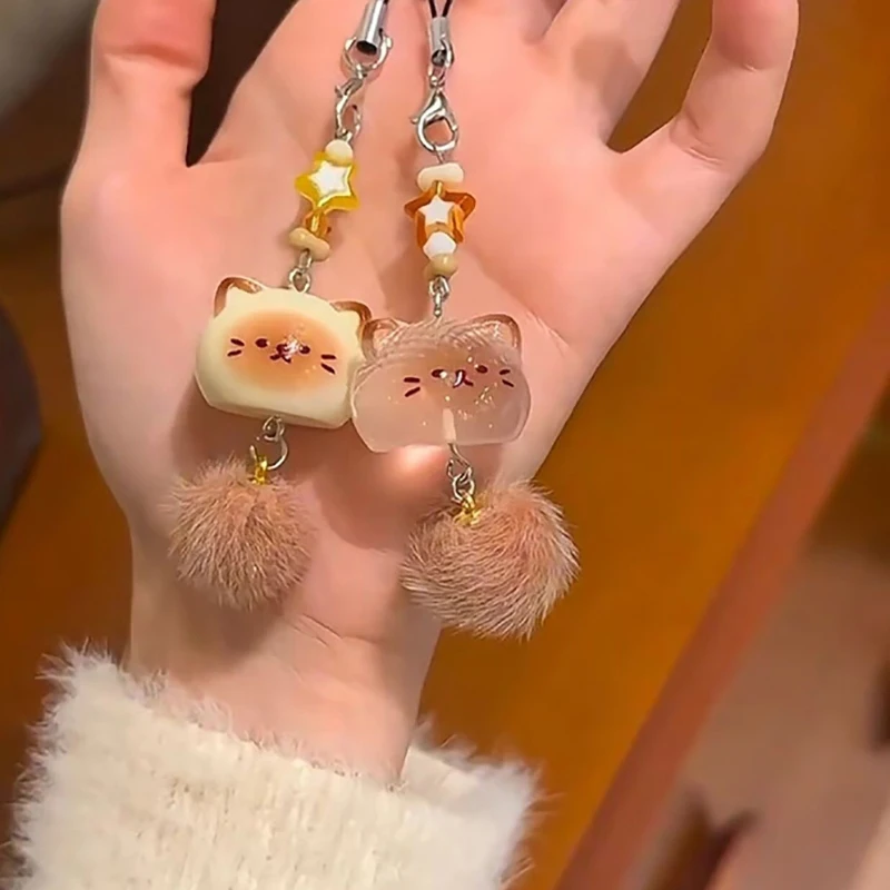 Creative Cartoon Keychain Phone Case Charms Cute Little Cat With Furry Tail Mobile Phone Key Chain Bag Hanging Pendant Backpack