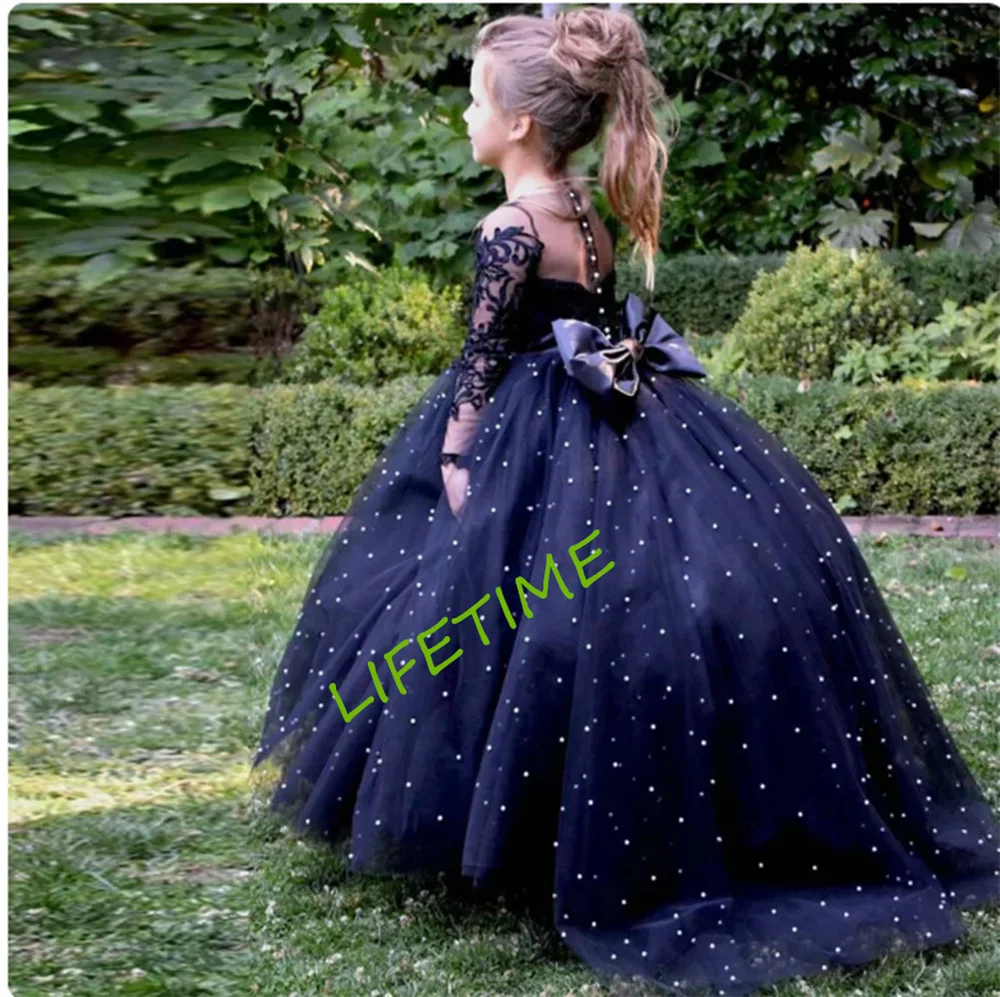 

Navy Blue Long Appliques Child Girl Wedding Party Dresses Pearls Full Sleeves Birthday Ball Gown for Kids Pageant Formal