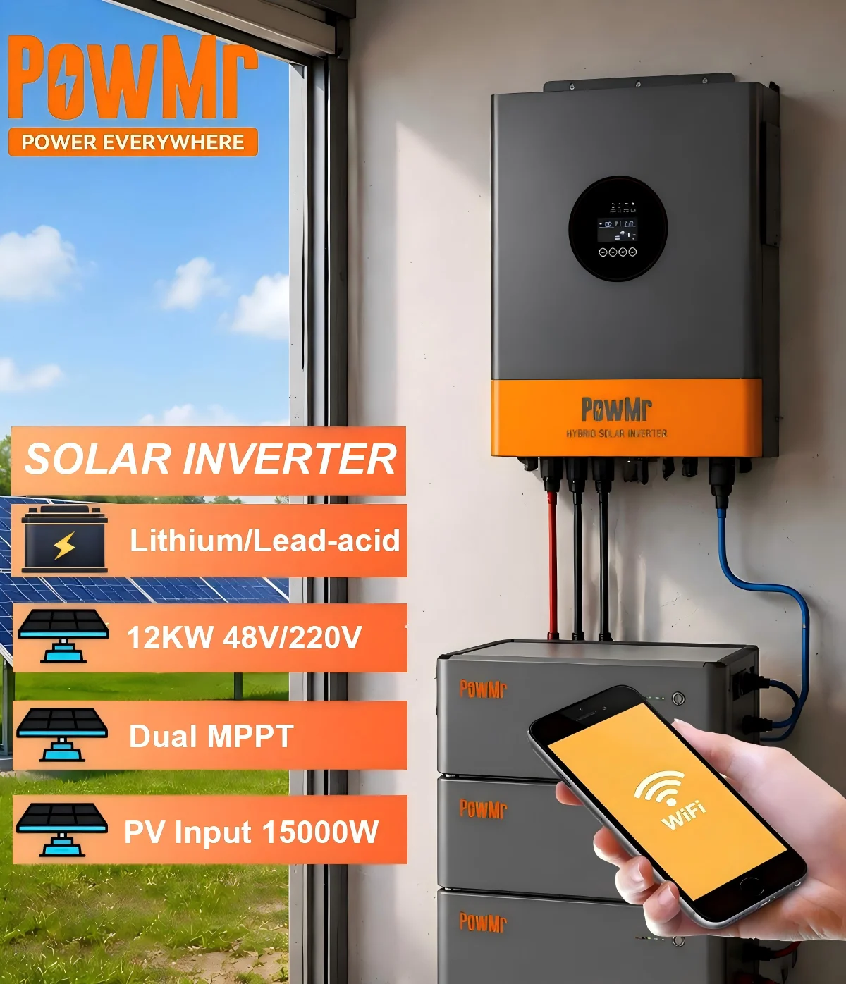 PowMr Factory Outlet 12KW High Power 48Vdc To 220V/230Vac Dual AC Output Pure Sine Wave MPPT Solar Inverter