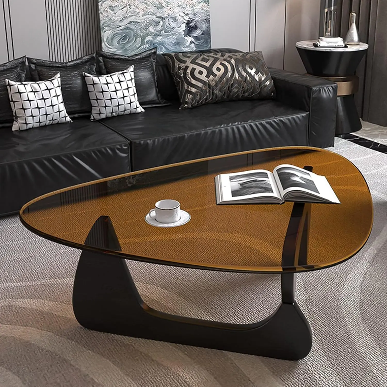 

Triangle Glass Coffee Table with Solid Wood Base, Mid-Century Modern Design for Living Room, Black/Brown Small Size