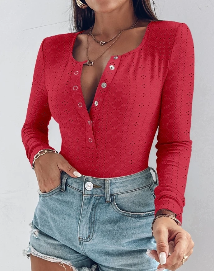 เซ็กซี่รอบคอ Textured เสื้อแขนยาวปุ่มด้านบนลง Casual SLIM FIT T เสื้อ 2025 ฤดูใบไม้ร่วงฤดูหนาวฤดูใบไม้ผลิใหม่แฟชั่นสบายๆ