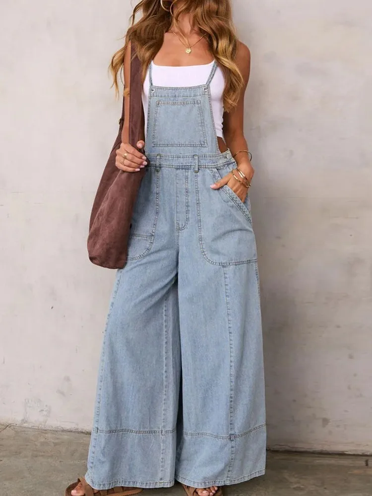 جمبسوت نسائي بجيوب من قماش الدنيم ثوب فضفاض عام جينز واسع الساق ملابس خروج ضيقة بدلة قفز عصرية غير رسمية للنساء 2026