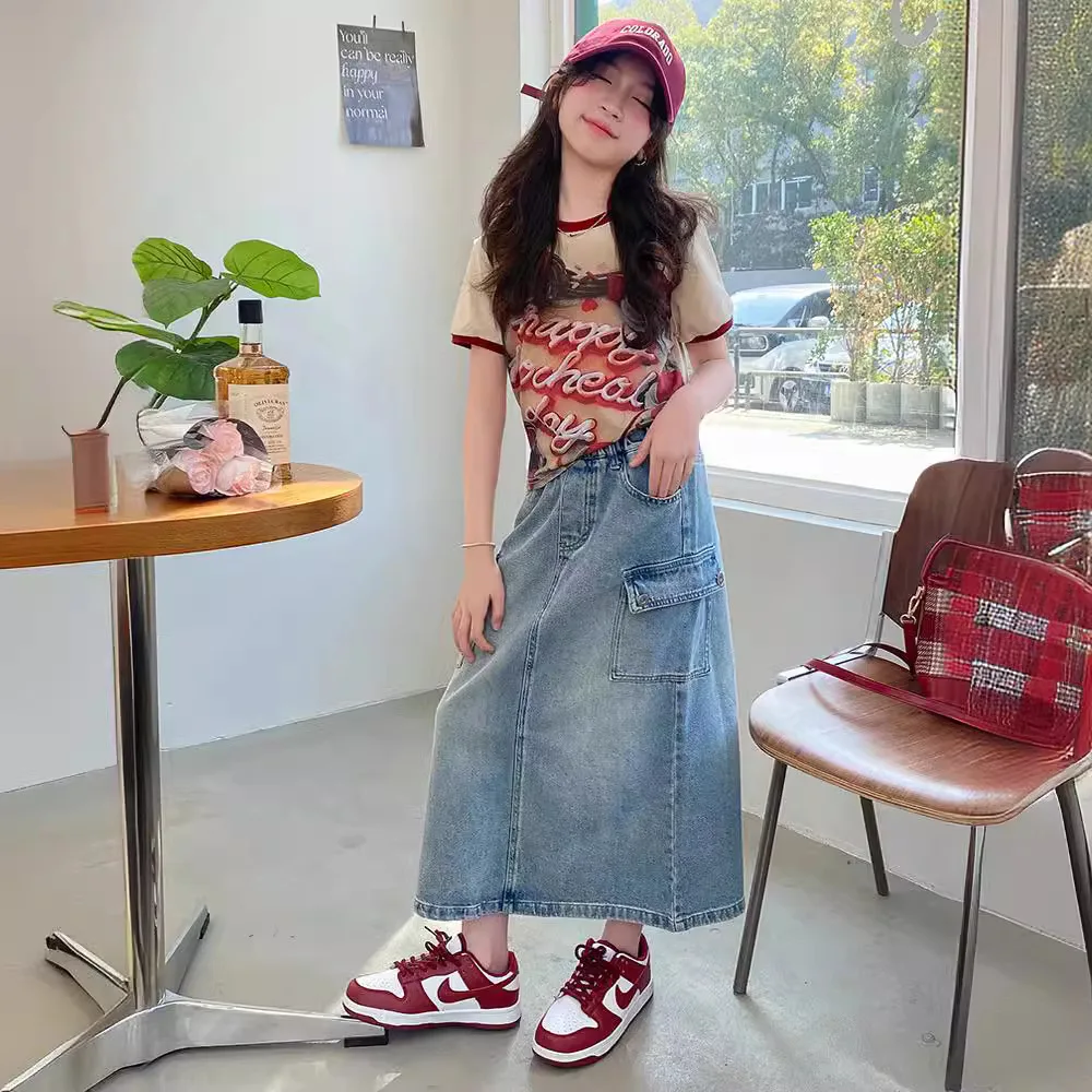 Girls' Summer Cherry T-shirt, Cowboy Skirt Set, 2024 New Fashionable Children's Internet Celebrity two pieces set