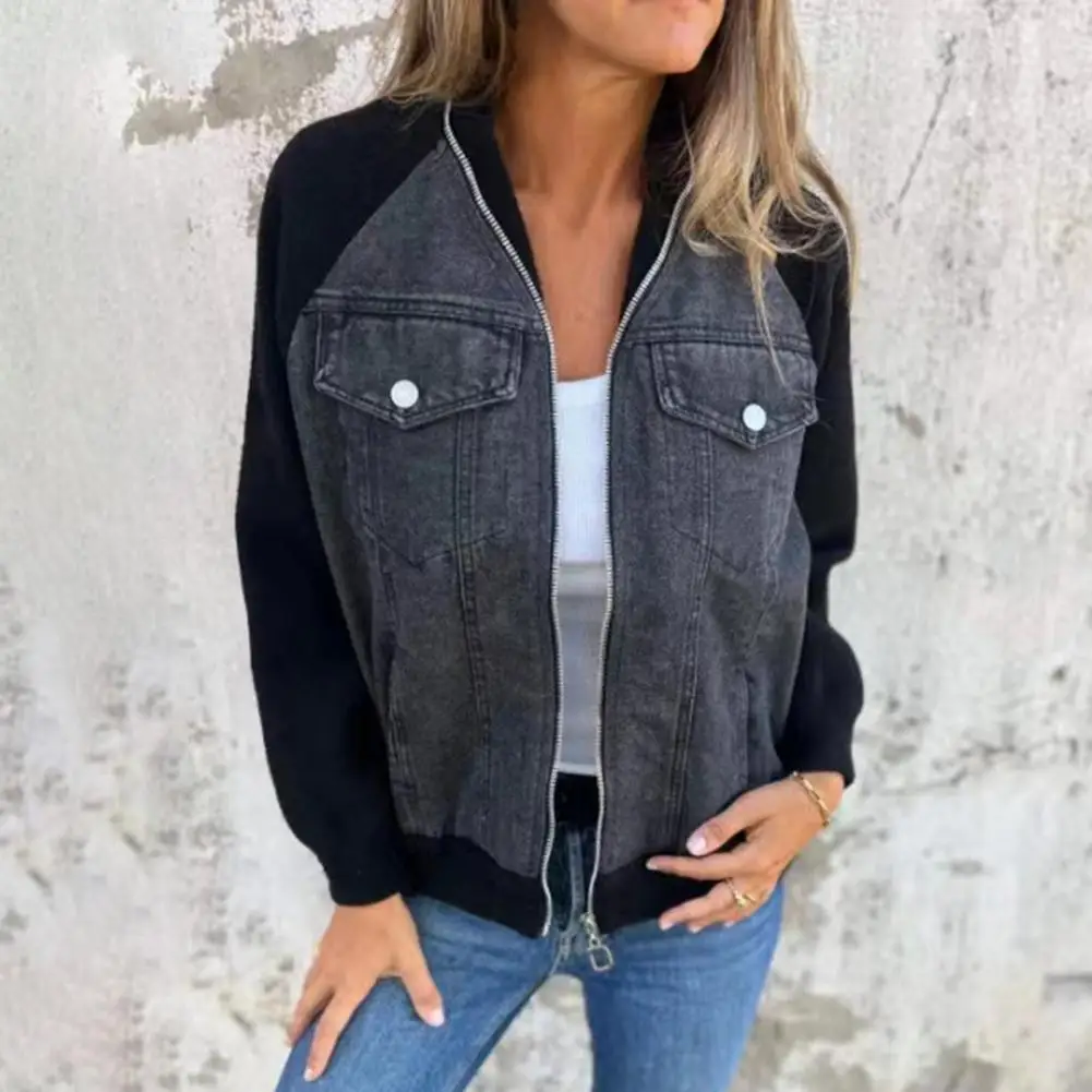 

Women Denim Jacket Stylish Color Block Women's Jacket with Zip-up Pockets Raglan Sleeves Fall Winter Coat for Wear Contrast