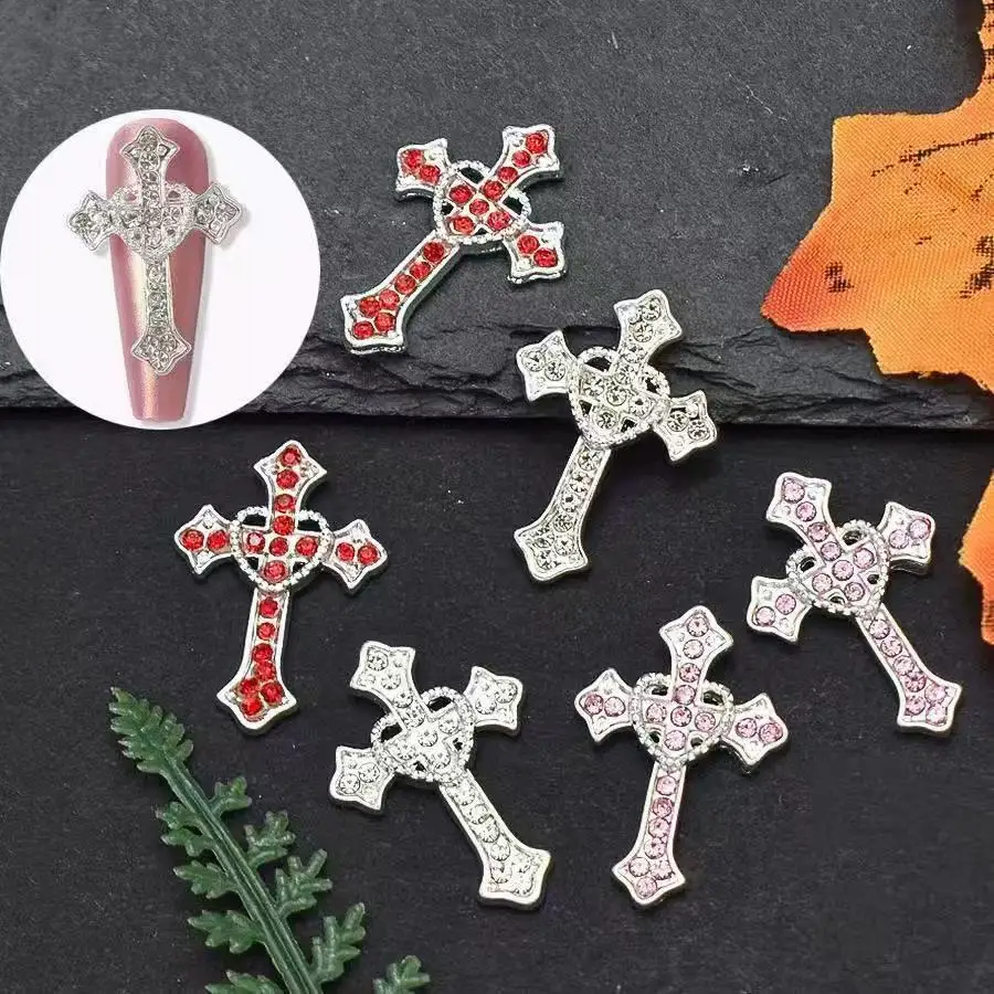 5 Stück XXL Silber Kreuz Luxus Nail Art Strasssteine 3D Y2k Herz Kreuz (Rosa, Schwarz, Rot) Exquisite Legierung Nagel Charms DIY Nagel Deko