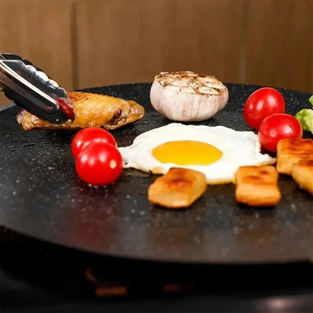 Sartén para barbacoa coreana de 30/32/34/36/38cm, soporte resistente al calor, plancha sin humo de forma redonda, placa de barbacoa con mango de madera