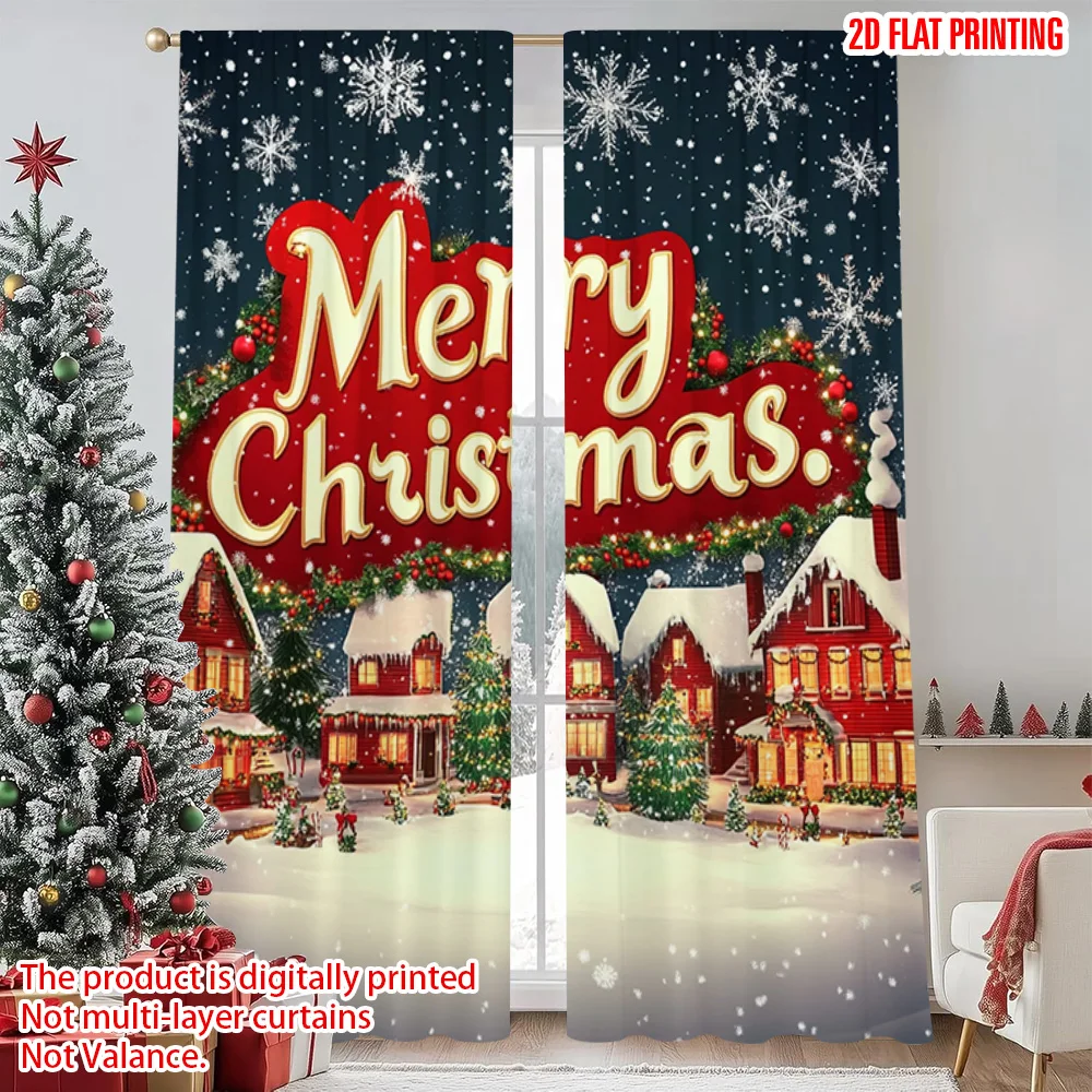 

2pcs 2D flat printing Christmas Curtain Merry Christmas Winter Wonderland 0 Versatile Polyester Without Electricity Family Party