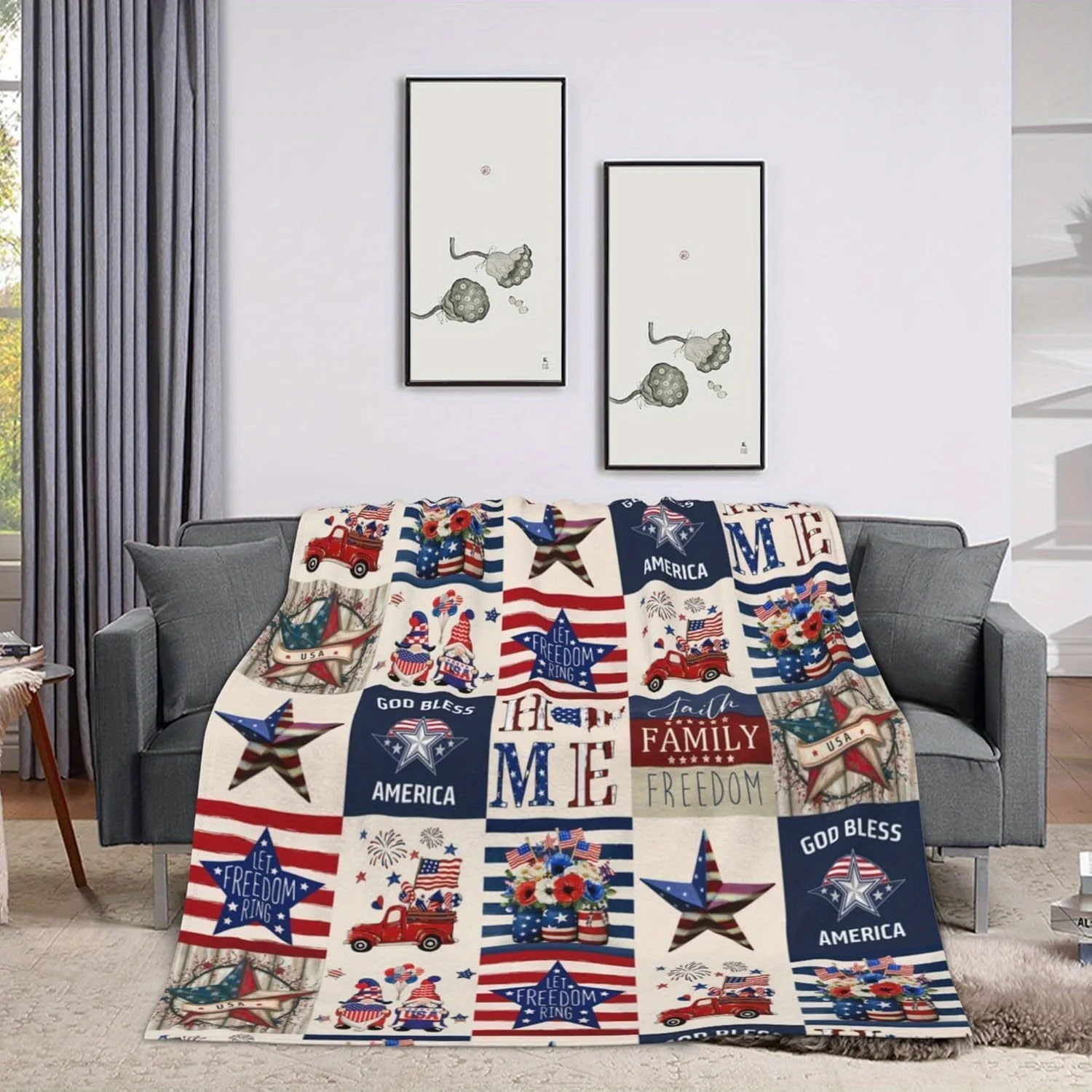 Patriotic Uncle Sam Fire Truck Throw Blanket, Soft Cozy Blanket for Sofa Bed, Versatile 4th of July Home Decor Gift