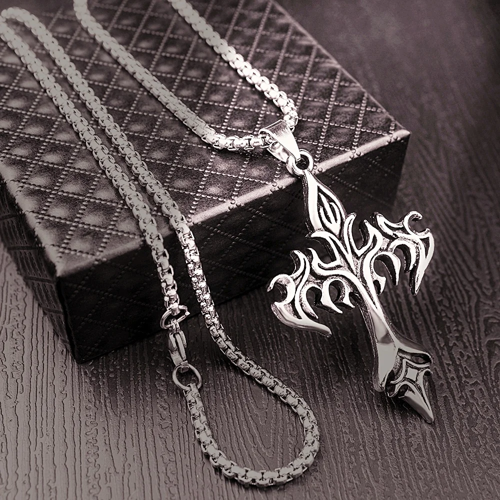 Hip Hop Fashion Jewelry Unique Design Stainless Steel Flame Cross Pendant Necklace Goth Necklaces Gift for Women Men