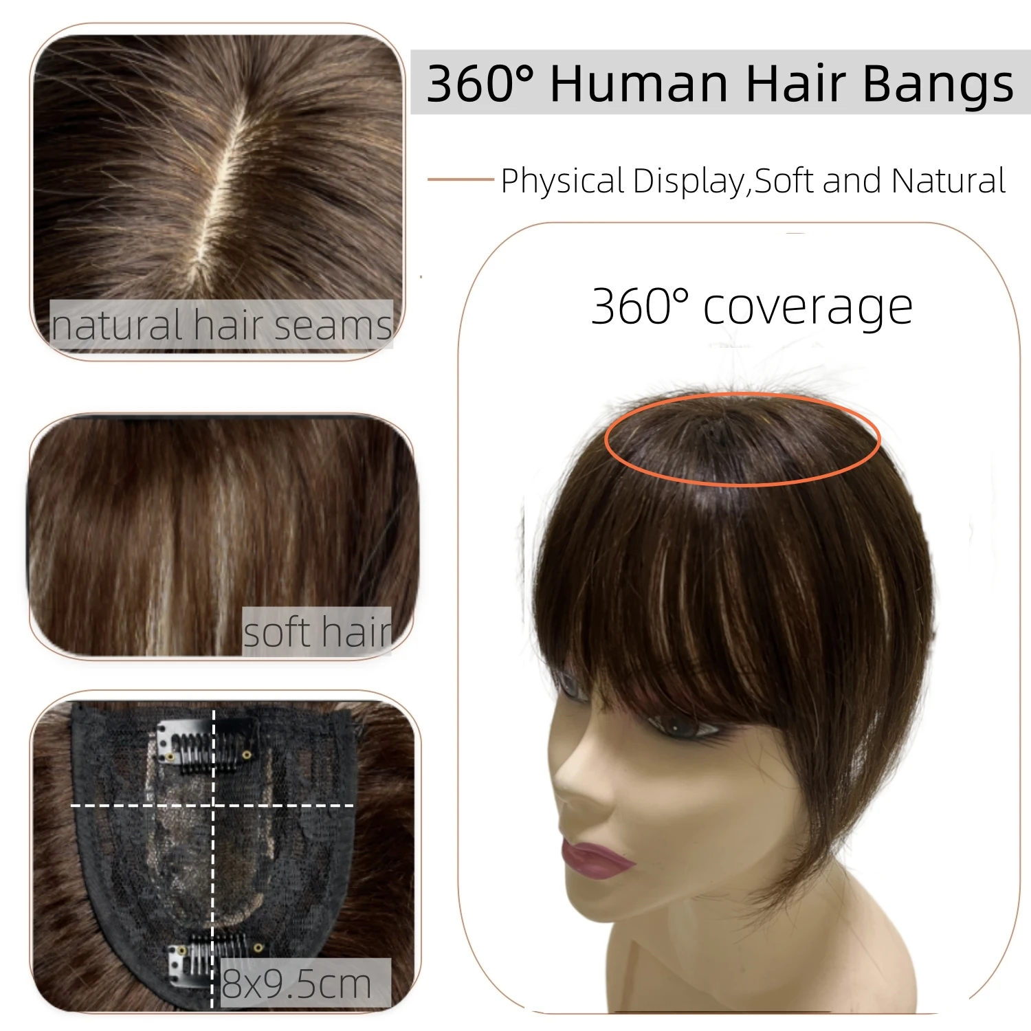 여성용 진짜 인모 앞머리 헤어핀 360도 애네모네 탑퍼 °   여성용 3D 커버뱅 인모 헤어피스 (데일리용)