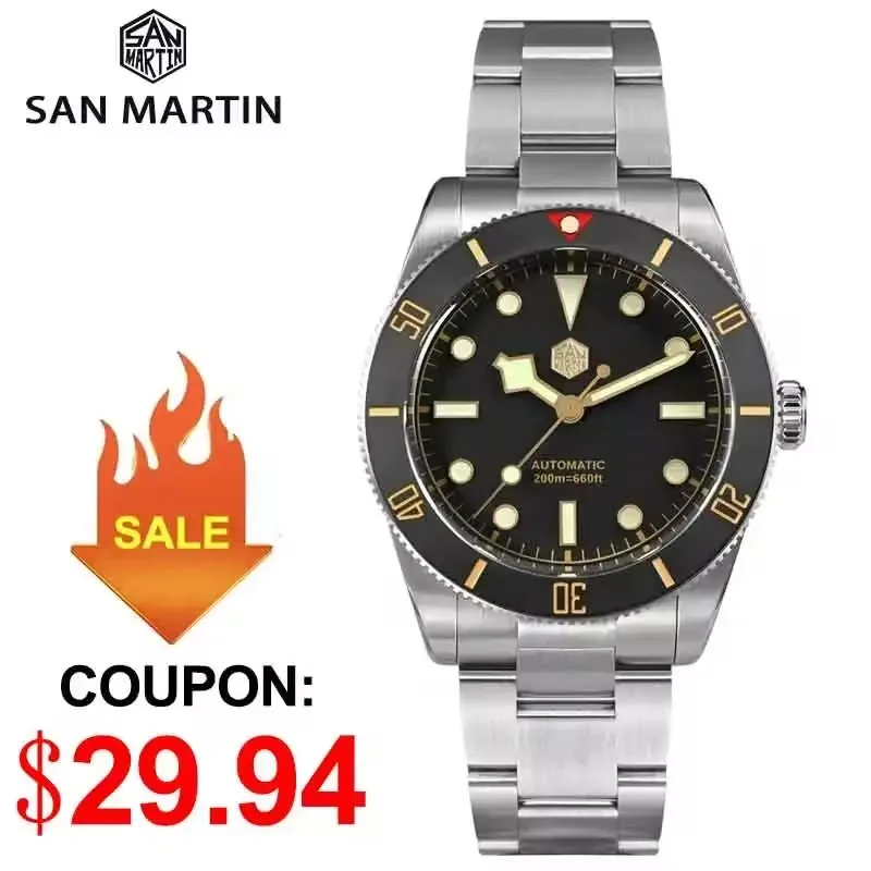 San Martin 37mm BB54 Vintage Diver Watch NH35 Automatic Movement Mechanical Watches C3 Luminous Sapphire Waterproof 200m SN0138