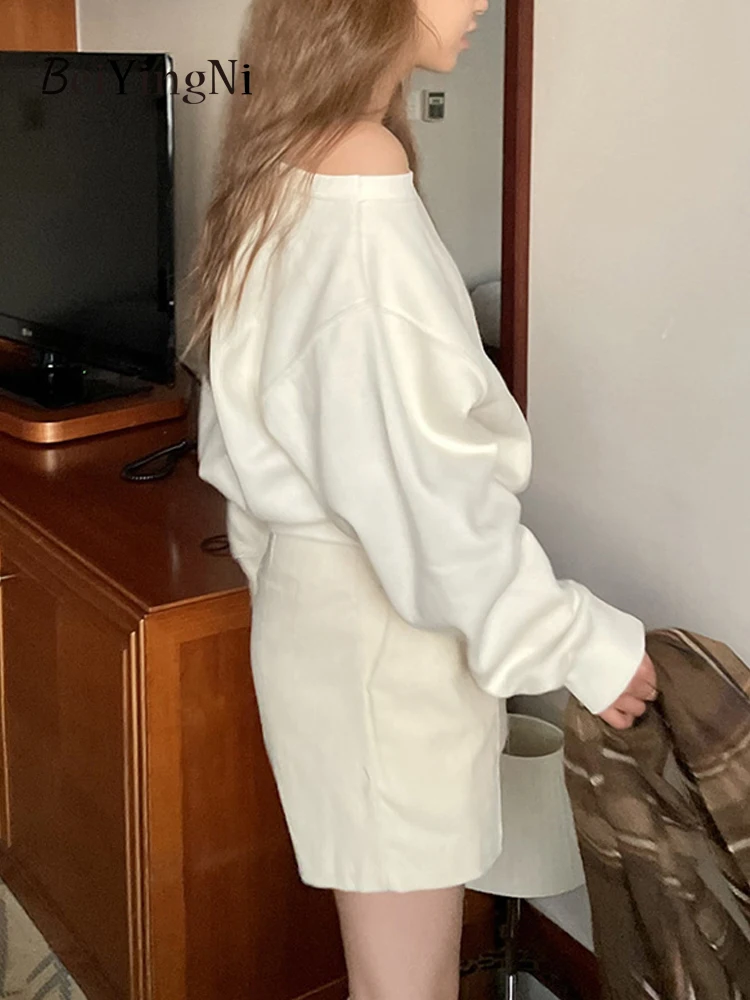 Beiyingni Y2K Hoodies Women Sexy Off Shoulder Loose Oversized Crop Tops Female Casual White Hoody Chic Korean Winter Sweatshirts