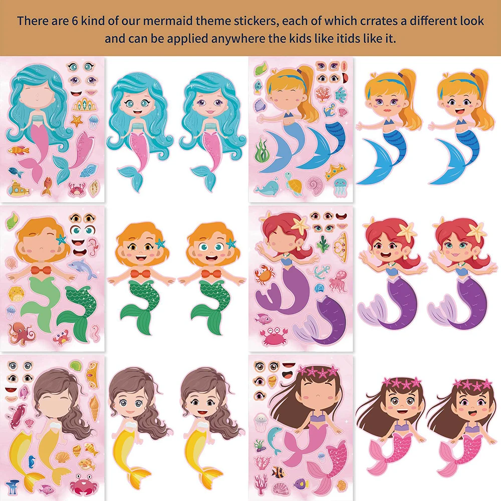 6/12Sheets Make a Face Mermaid Puzzle Stickers Children DIY Assemble Jigsaw Girls Boys Favor For Party Game Educational Toy Gift