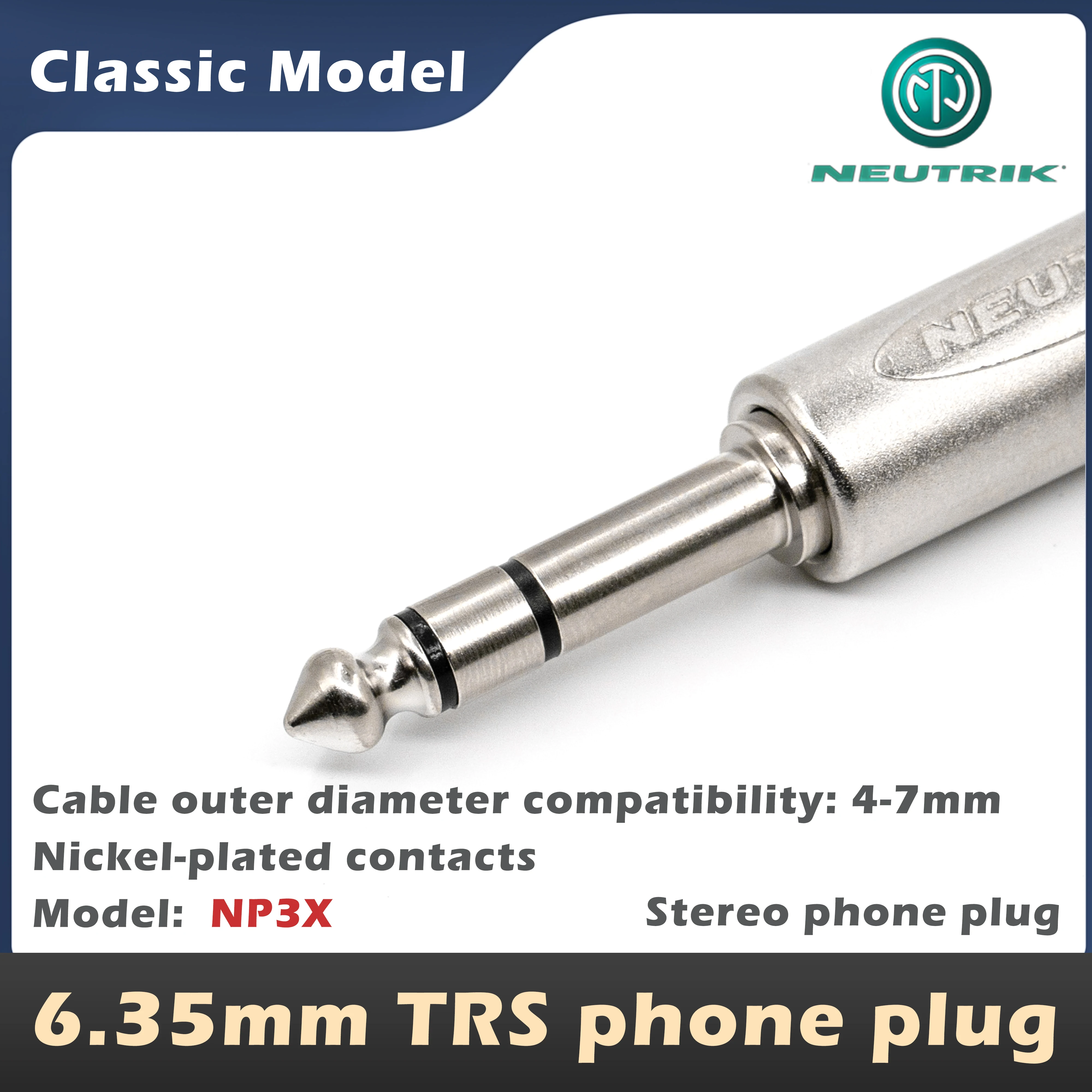 Neutrik 6,35 mm telefoonstekkers: NP2X, NP2X-B (TS mono), NP3X, NP3X-B (TRS stereo), audiomicrofoonstekkers