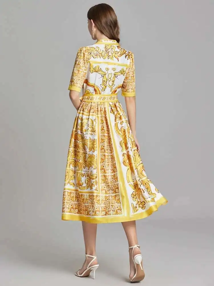 Summer Holiday giallo bianco porcellana stampa camicia dorata abito donna manica corta perle bottoni cintura stringata Midi Party Robe
