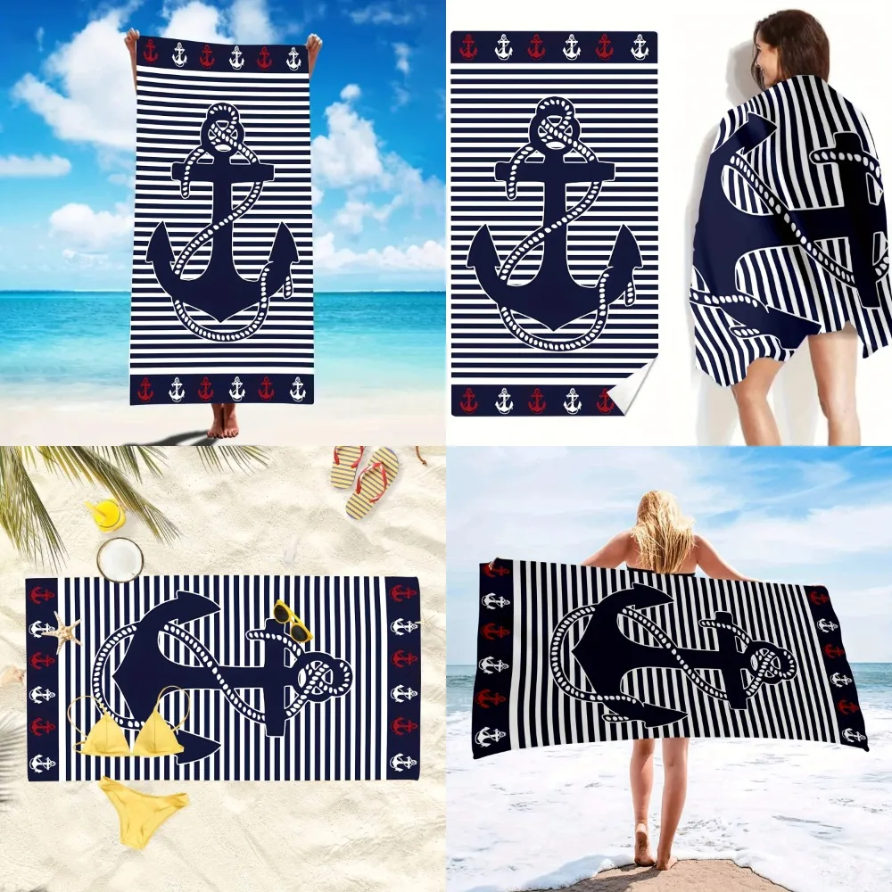 1 Pc Anchor & Stripe Beach Towel - Ultra-Soft, Quick Drying, Super Absorbent Microfiber - Durable, Fashionable Print - Perfect f