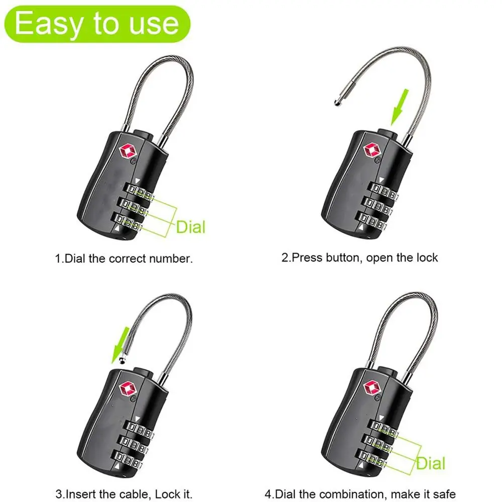 Portable Luggage Weatherproof Protection Security TSA Customs Lock Safely Code Lock 3 Digits TSA Steel Wire Lock Anti-theft