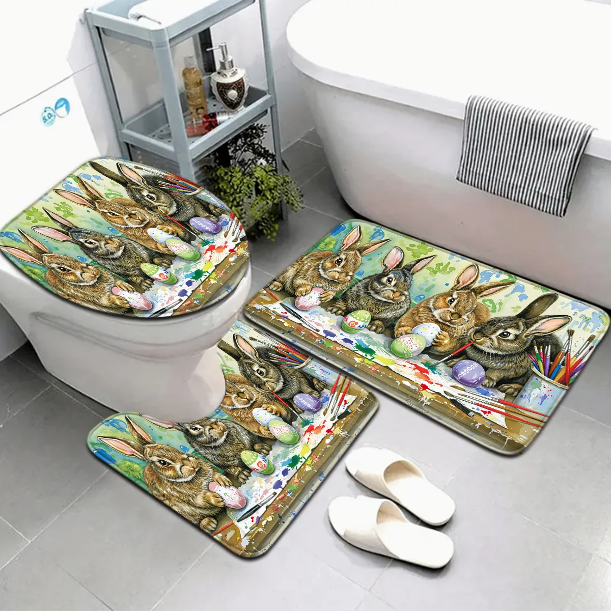 

Cute Easter Bunny Graffiti Colorful Egg Bathroom Set - Non Slip Contour Mat, Toilet Lid, and Bath Mat for Holiday Home Decor