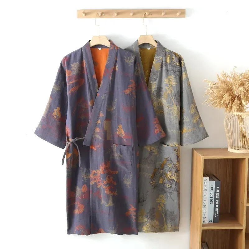 Men's Roomwear Cotton Kimono Pajamas Robes for Spring Jacquard Printed Home Clothing Medium Length Oversized Breathable Bathrobe