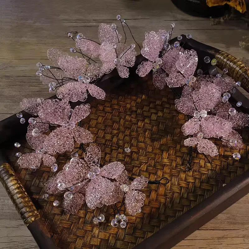 

Розовый кристалл бабочка с перьями зажим новый лесной стиль супер фея ручной работы свадебный головной убор для невесты аксессуар для свадебного платья