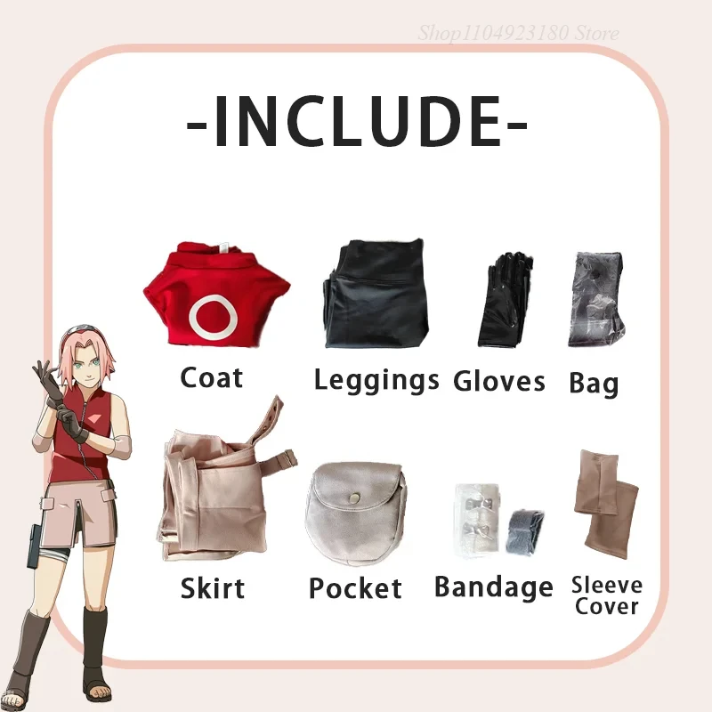 Anime Haruno Sakura Cosplay Costume Adult Women Coat Skirt Ninja Shorts Gloves Bag Full Set Accessoies Uniform Halloween Outfit