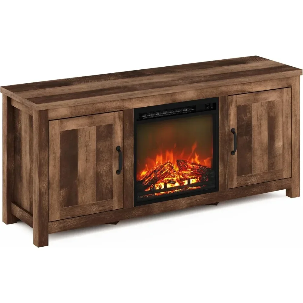 Jensen Farmhouse Barn Door Fireplace Stand with Storage Cabinet for TV up to 60 Inch, Rustic Brown