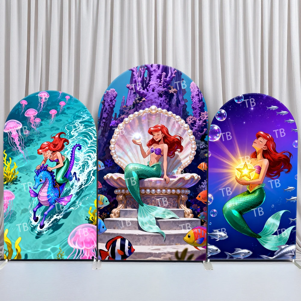 

Disney Little Mermaid Arch Backdrop Cover Birthday and Baby Shower Shell Star Underwater Theme Kids Party Photo Booth Decor