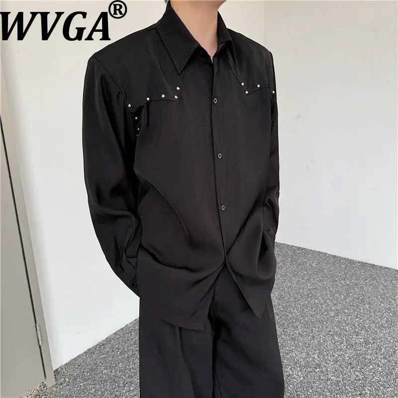 WVGA Summer New Men Tide Trendy Personality Multi-Rivet Decorated Long Sleeve Shirt Niche Chic Casual Padded Shoulder Top W19518