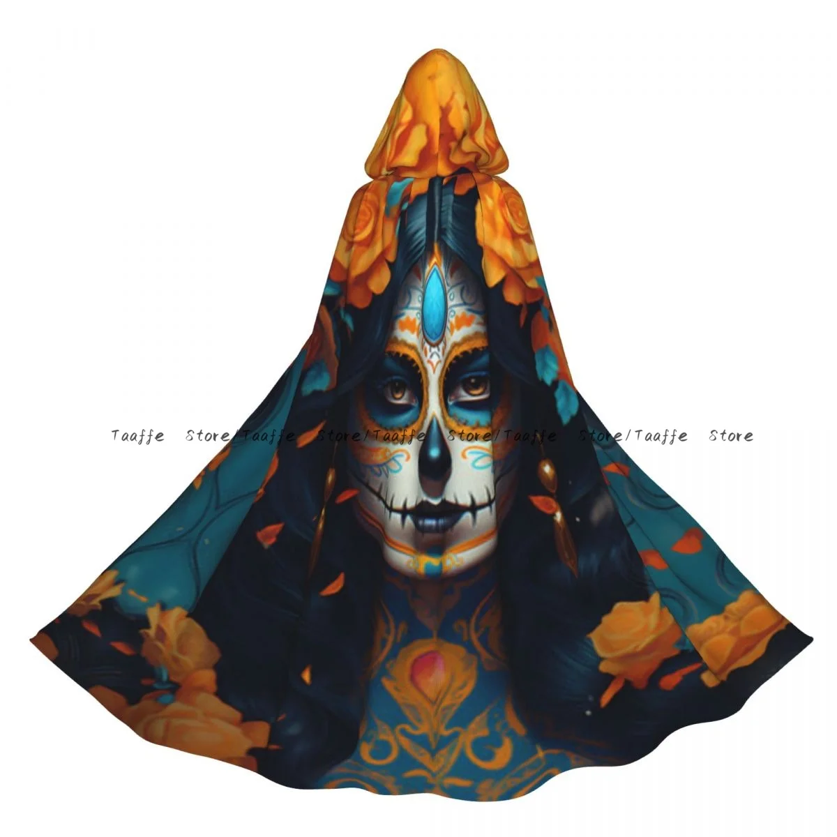 

Unisex Halloween Cloak Day Of The Dead Sugar Skull Woman Cape Hooded Medieval Costume Witch Wicca Vampire