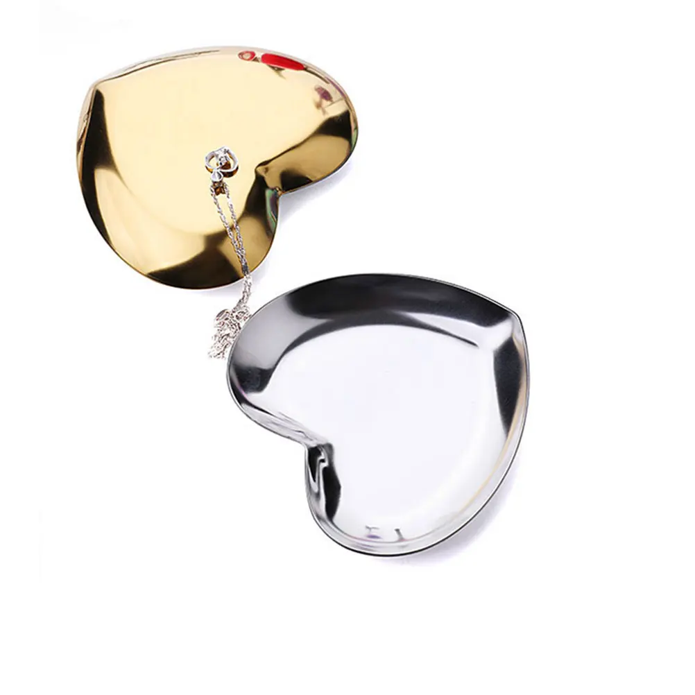 

2pcs Heart Shaped Jewelry Tray Stainless Steel Compact Ring Dish Trinket Holder Storage Plate Decorative Display Tray For