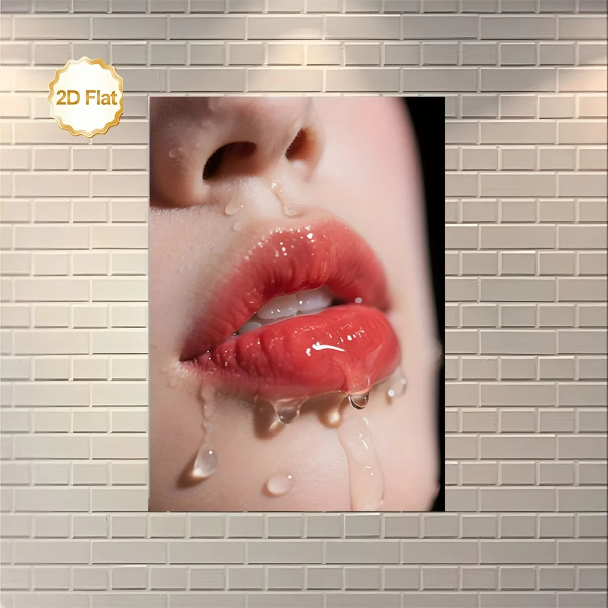 2D Vintage Metal Wall Art, Glossy Red Lips with Water Drops, Retro Decor for Bedroom Living Room Makeup Room Beauty Salon Office