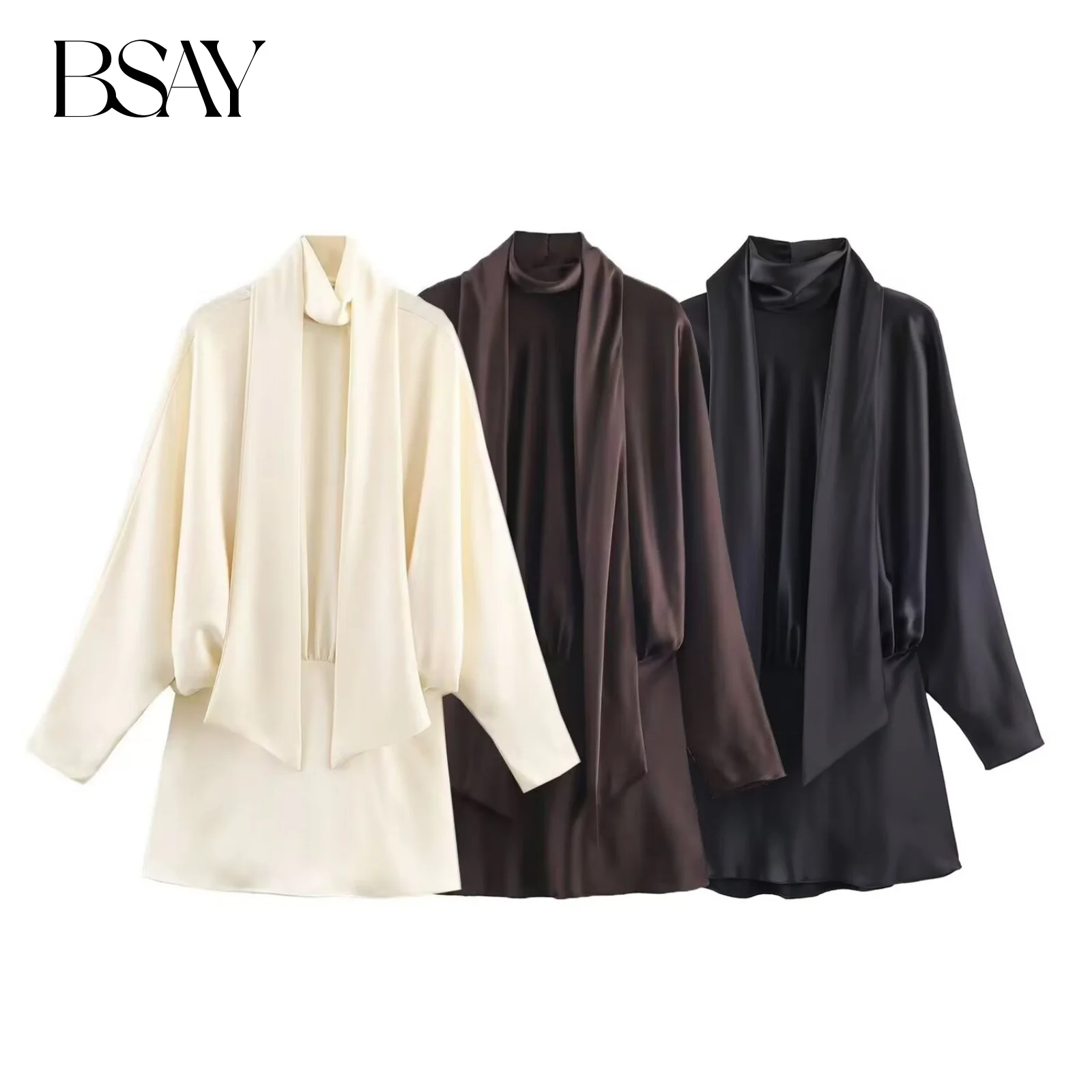 BSAY Satin Textur Schal Dekoration Kurzes Kleid Frauen Mode Herbst Winter Neue Lange Ärmel Frankreich Weibliche Abendkleider