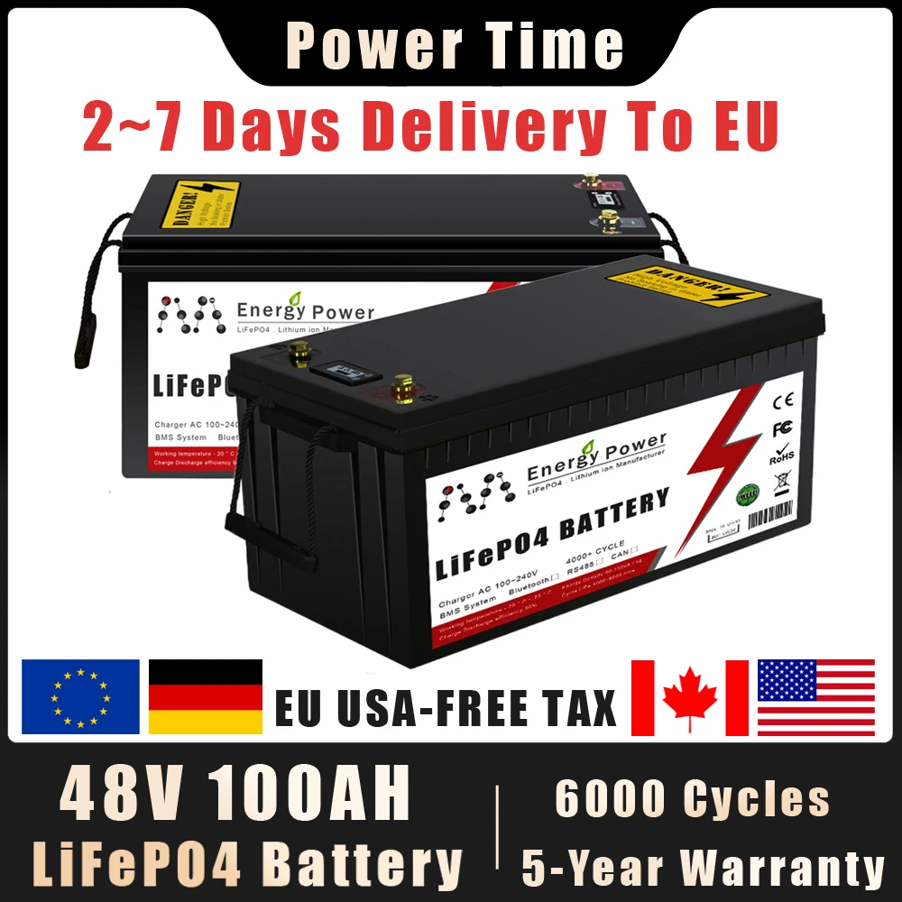 

48V LiFePO4 Battery 50Ah 100Ah Built-in BMS 6000+ Cycles Lithium Iron Phosphate For RV Golf Cart Solar Storage Outdoor Camping