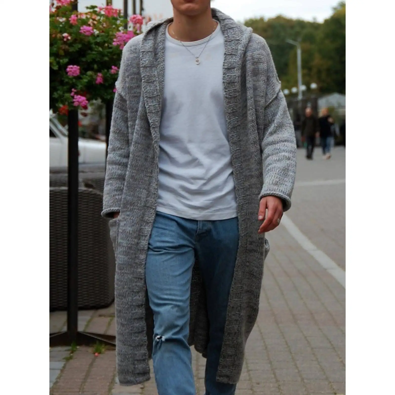 

Мужской тонкий длинный кардиган с капюшоном, свободный крой, V-образный вырез, вязаный, повседневный, осенне-зимний, базовый, однотонный