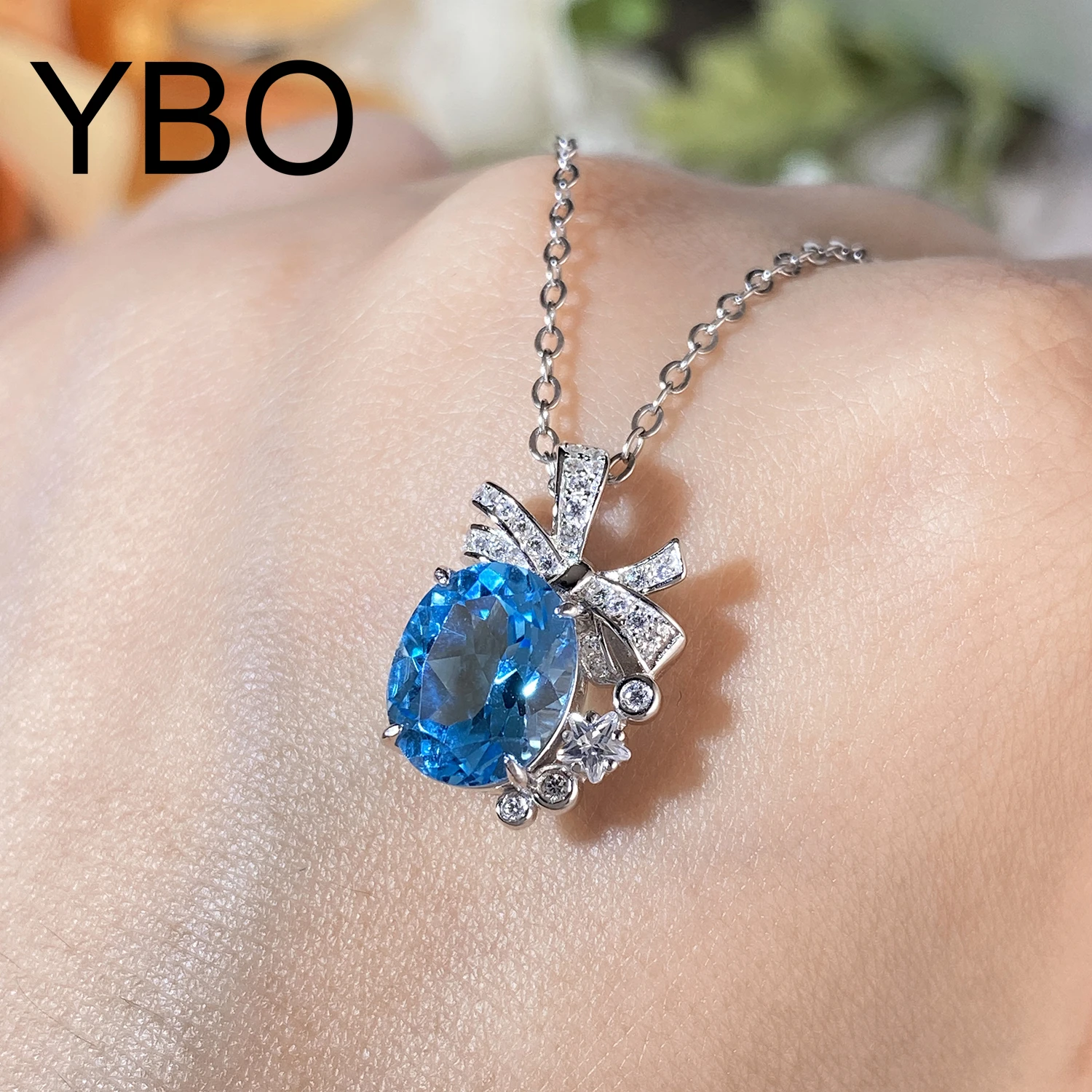 

YBO New Arrival S925 Silver Bowknot Pendants Natural 8X10MM Swiss Blue Topaz Necklaces Clavicle Chain Women Fine Jewelry Gifts